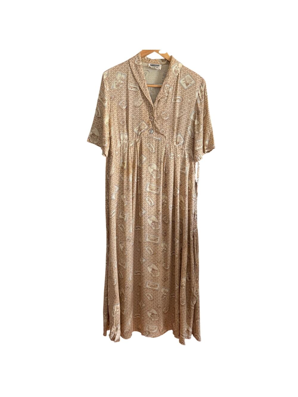 90s Vintage David Dart Force One Cream tan Portrait Print Babydoll Dress Medium